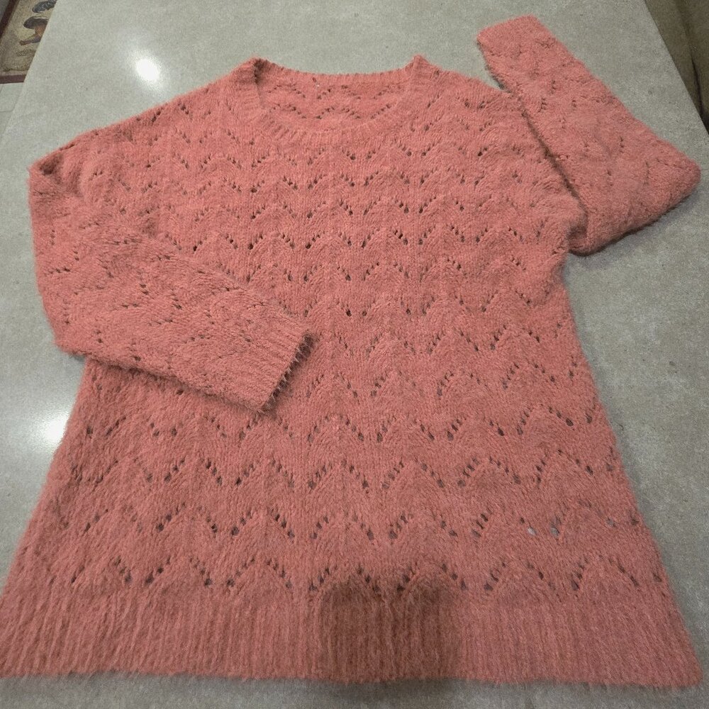 Women's Dusty Rose Open Weave Poly/Nylon Knit Long Sleeves Sweater - Size Large